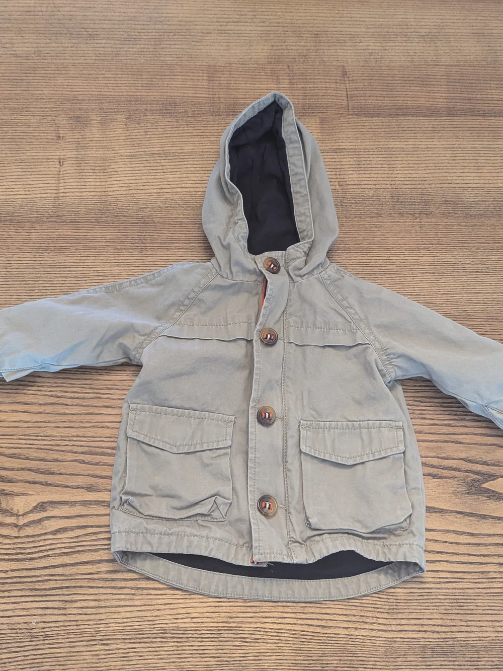 EUC Baby Gap Boys 6-12 month Khaki Beige Utility Jacket Hooded Black Lining